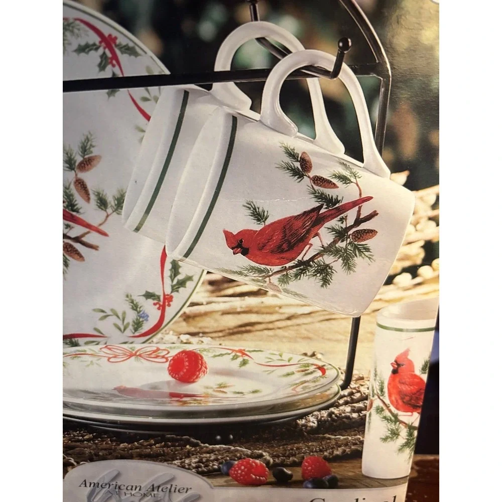 Christmas American Atelier At Home 9 pc. Stoneware Coffee Set Cardinal Bird NIB